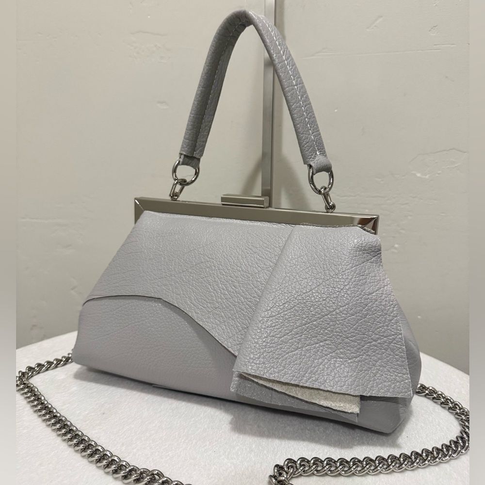 Handmade Cowhide Leather Asymmetrical Ruffles Metal Frame Bag, Multi Use Style